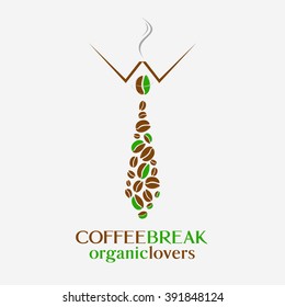 Fashion style design coffee organic logo with a tie vector illustration. Creative idea coffee beans banner or poster.  Coffee break organic lovers  text. Funny coffee poster.