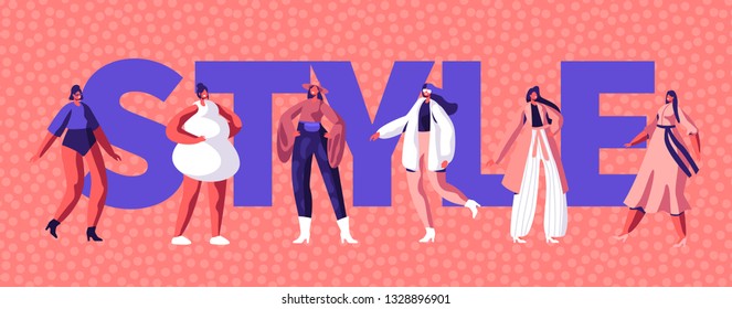 Fashion Style Girl Character Typography Banner Design. Model Woman Shopping at City Street for Art Party. Spring Feminine Clothes Line Advertising Poster Template Flat Cartoon Vector Illustration - Shutterstock ID 1328896901