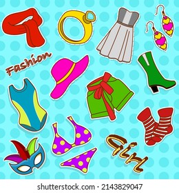 Fashion style girl's dress stickers.  Scarves, socks, boots, shorts, bodysuits, earrings, rings, fashion hats and skirts. Doodle vector illustration.