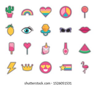 Fashion style icon set design, Pop art 90s 80s art memphis trendy female badges and retro theme Vector illustration