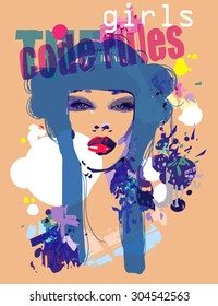 Fashion style illustration  with girl and decorative blue hair for T-shirt