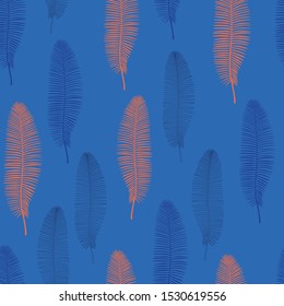 Fashion style jungle pattern seamless background. Bright colors palm leaves isolated on blue background.