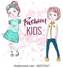 Fashion style kids illustration. Trendy sketch of boy and girl on inky background.