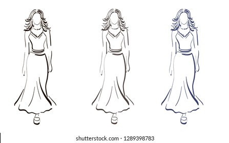Fashion, style, model. Vector black and white illustration of a girl on the podium. Sketch, hand drawn, imitated illustration of a fashion show