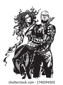 Fashion style people. man and woman. Vector hand drawn illustration. Ink pen. Sketch