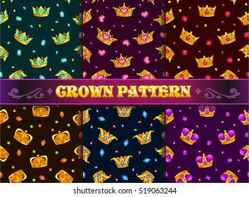 Fashion style seamless patterns set. Vector textures with cartoon golden crowns and precious stones on dark background.