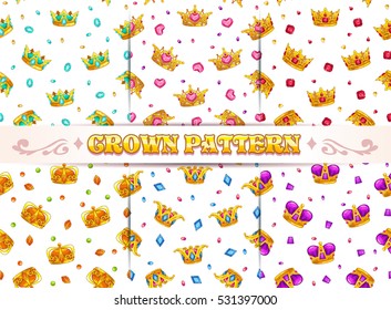 Fashion style seamless patterns set. Vector textures with cartoon golden crowns and precious stones on white background.