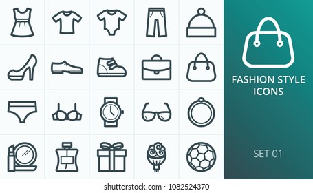 Fashion style wear shopping icons set. Set of man, woman, child wear, clothes, underwear, shoes, accessory icons