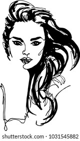 Fashion style woman portrait, face and shoulder, black hair, minimalism, continuous line, beauty, nice makeup