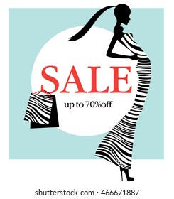 Fashion style woman with shopping bags. Sale promotion. Vector illustration. Discount Up to 70 % off. 