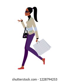 Fashion style woman walking with shopping bag. Vector