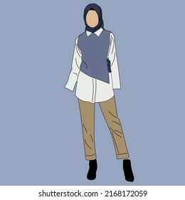 The fashion style women with white shirts, blue vest, light brown pants, navy hijab, and black shoes