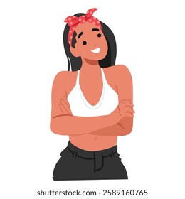 Fashion style young girl cartoon character showcasing curiosity and interest feeling thoughtful brainstorming to make decision and choice vector illustration. Pensive uncertainty people portrait
