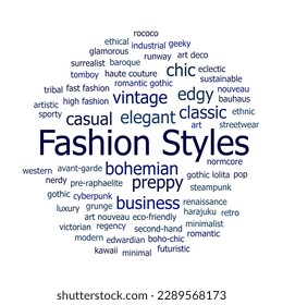 Fashion styles word cloud. Composition of words for different types of fashion styles and eras. Choice of clothes and accessories.