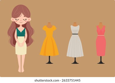 moda cena de estilo com menina e manequins ilustração vetor.