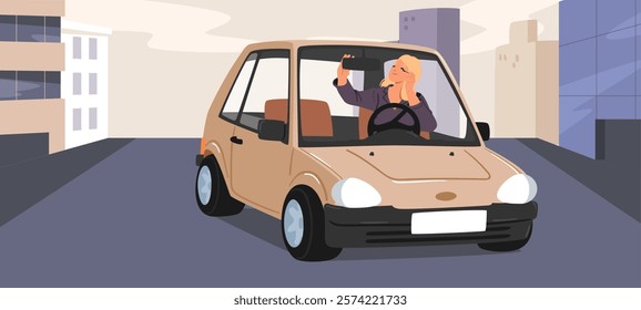 Fashion stylish adult woman character applying mascara cosmetic doing makeup during driving car vector illustration. Risky situation on city road cartoon scene. Safety rule and transportation