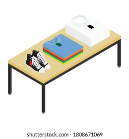Fashion stylish clothes at clothing store or apparel boutique. Trendy garments at shop. Fast fashion and mass market. Wardrobe isometric view vector