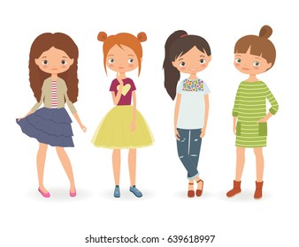 Fashion stylish girls. Cartoon vector illustration