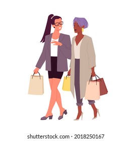 Fashion stylish girls with shopping bags, young happy fashionable friends walking
