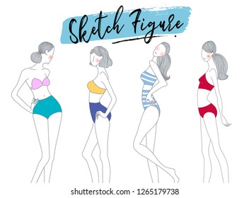 Fashion stylish graphic with beautiful cute young girl. Graphic drawing sketch with girls figure - Vector