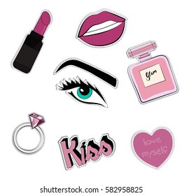 Fashion and stylish patch badges. Girlish stickers in pink color