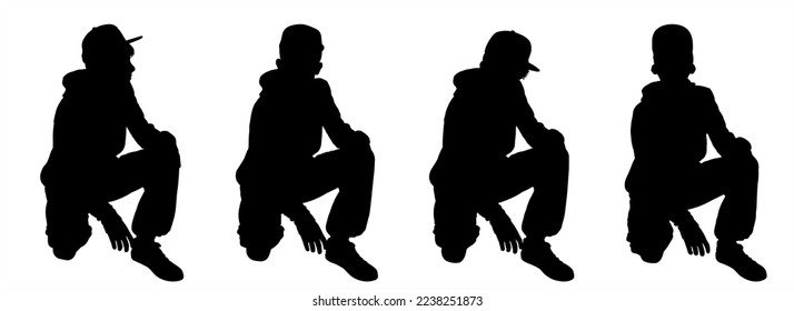 Fashion stylish teenage boys. Children's fashion. Model. Dancer. A teenager in a fashionable cap. The boy squatted down. Half-side, side. Four black silhouettes are isolated on a white background	