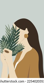 Fashion stylish woman holding flower leaves in hands  Young brunette female and long hair wearing stylish earrings   ring  Cartoon illustration  Fashion style