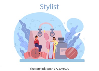 Fashion stylist concept. Modern, creative job, professional fashion industry character choosing clothes for a client. Isolated vector illustration in cartoon style