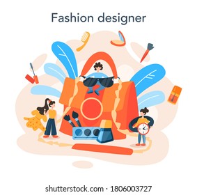Fashion stylist concept. Modern, creative job, professional fashion industry character choosing clothes for a client. Isolated vector illustration in cartoon style