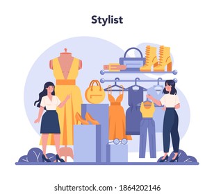 Fashion stylist concept. Modern, creative job, professional fashion and beauty industry character. Personal stylist services. Isolated vector illustration in cartoon style