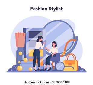 Fashion stylist concept. Modern, creative job, professional fashion and beauty industry character. Personal stylist services. Isolated vector illustration in cartoon style