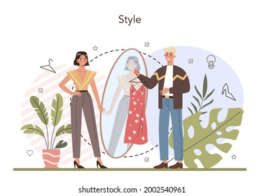 Fashion stylist concept. Modern, creative job, professional fashion and beauty industry character. Personal stylist and shopper services. Flat vector illustration