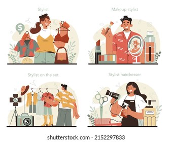 Fashion stylist concept set. Modern, creative job, professional fashion and beauty industry character. Personal makeup, hairdresser stylist. Flat vector illustration