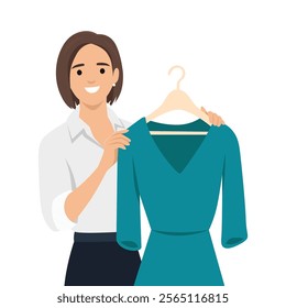 Fashion stylist helps with choice between clothes. Shop assistant consulting. Flat vector illustration isolated on white background