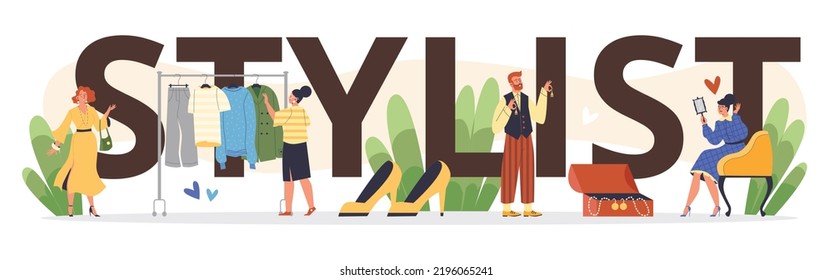 Fashion stylist or image maker banner or website header template with tiny people characters, flat cartoon vector illustration isolated on white background.