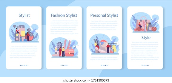 Fashion stylist mobile application banner set. Modern, creative job, professional fashion industry character choosing clothes for a client. Isolated vector illustration in cartoon style