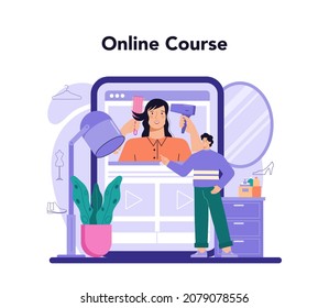 Fashion stylist online service or platform. Fashion and beauty industry worker. Personal stylist and shopper service. Online course. Flat vector illustration