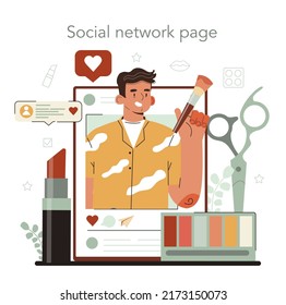 Fashion stylist online service or platform. Professional fashion and beauty industry character. Personal makeup, hairdresser stylist. Social network page. Vector illustration