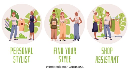 Fashion stylist style consultation and shop assistance, flat cartoon vector illustration isolated on white background. Stylist or image-maker service banners.