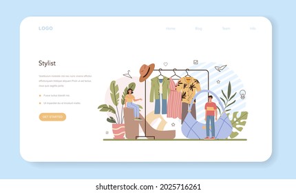 Fashion stylist web banner or landing page. Modern, creative job, professional fashion and beauty industry character. Personal stylist and shopper services. Flat vector illustration