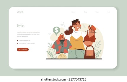 Fashion stylist web banner or landing page. Modern, creative job, professional fashion and beauty industry character. Personal makeup, hairdresser stylist. Flat vector illustration