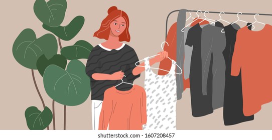 Fashion stylist woman in scandinavian interior creating choice trendy clothers or outfit. Cartoon vector illustration