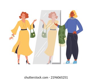 Fashion stylists helps client, flat vector illustration isolated on white background. Woman on front of mirror tries new clothes with help of shop assistant.