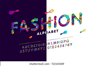 Fashion stylized alphabet with colorful carved paper cut elements shapes. Vector illustration