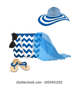 Fashion summer accessories. Sunglasses, hat, bag and flip-flops. Vector illustration