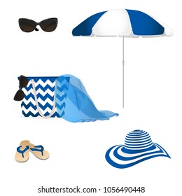 Fashion summer accessories. Sunglasses, hat, bag and flip-flops. Vector illustration