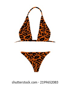Tela de verano de moda. Trato de bikini con motivos leopardo aislado de fondo blanco. Equipo de vacaciones, icono de la caricatura vectorial de la ropa sucia.