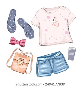 Fashion summer collection with t-shirt, flip-flops. Vector illustration