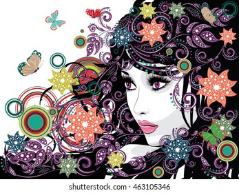 Fashion summer girl, female portrait with decorative floral ornament.