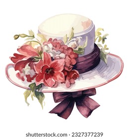 fashion summer hat decorated with flowers watercolor